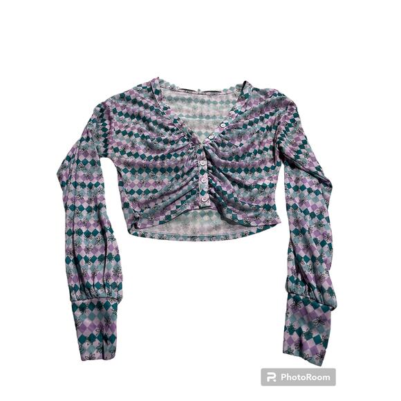 Urban Outfitters Y2K Mesh Cropped Ruched Button Up Top Womens Medium Purple Blue - Picture 2 of 15